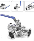 Front view of 1.5-inch stainless steel tri-clamp sanitary ball valve with blue lever, 3-way T-port.
