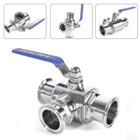 Front view of 1.5-inch stainless steel tri-clamp sanitary ball valve with blue lever, 3-way T-port.