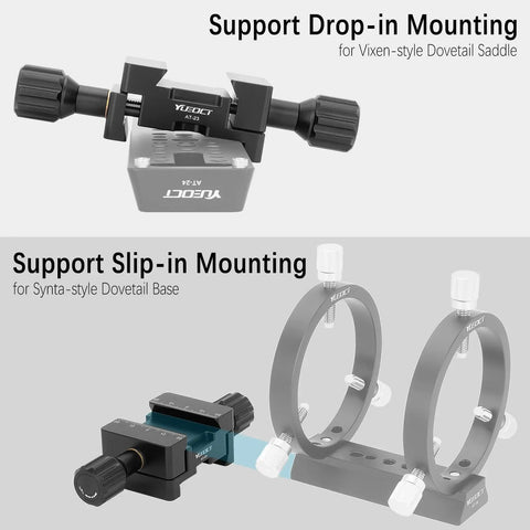 Vixen To Synta Dovetail Adapter For Telescope Gear Female To Female Dovetail Saddle Mount Base Attach Synta Dovetails On Vixen V Series Simple Drop In Loading For OTA Guides And Finders, showing drop-in and slip-in mounting support on dovetail base.