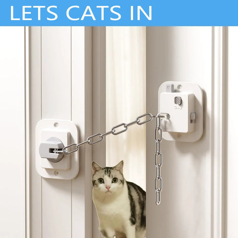 Adjustable Cat Door Stopper That Holds Entryways Wide While Keeping Pups Out Zero Drill Setup, cat blocker with chain, white mount, door solution
