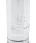 Close-up of 19mm socket from 14 Piece Three Eighth Inch Drive Six Point Deep Metric Socket Set With Chamfered Openings For Quick Fastener Alignment And Deep Reach For Tight Spaces And Long Bolts In Automotive, Mechanical, And DIY Projects Pro Grade Heavy Duty.