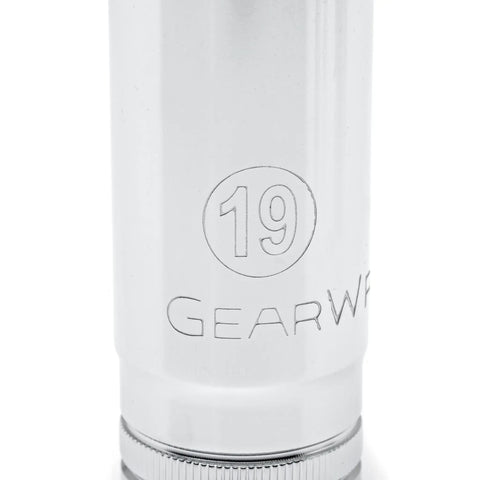 Close-up of 19mm socket from 14 Piece Three Eighth Inch Drive Six Point Deep Metric Socket Set With Chamfered Openings For Quick Fastener Alignment And Deep Reach For Tight Spaces And Long Bolts In Automotive, Mechanical, And DIY Projects Pro Grade Heavy Duty.