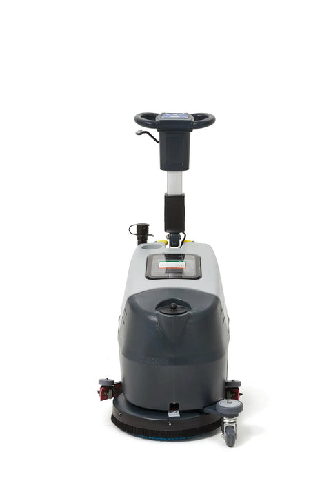 Battery Powered Walk Behind Floor And Carpet Scrubber Buffer Polisher With 16 Inch Brush and 21.5 Inch Squeegee, front view showing controls.