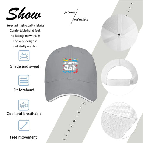 Light Grey Womens Adjustable Baseball Cap Lightweight Breathable Washed Distressed Low Profile Hat For Everyday Wear Dress Up Or Sweatshirt Looks Great For Sports Hiking Cycling And Travel displayed with embroidered text 'No Crying on the Yacht', detailing ventilation and sweat absorption features.
