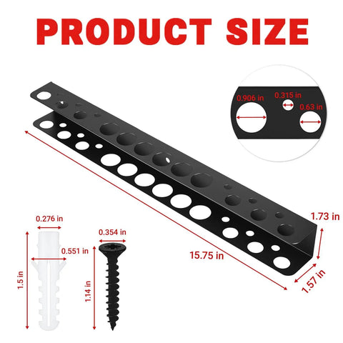 Heavy Duty Wall Mounted Tool Organizer Rack for Garage and Shop Space Saving Storage for Screwdrivers, Pliers, Hammers and Hand Tools Rust Resistant Carbon Steel with Powder Coated Finish 15.75 Inch Wide with detailed dimensions