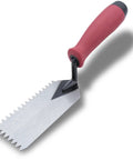 QLT V Notched Margin Trowel For Flooring And Tiling, soft grip handle, 5 by 2 inch blade, one quarter inch V notch, pro grade tool