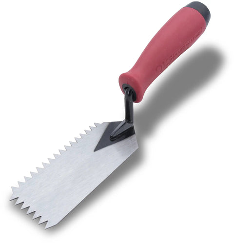 QLT V Notched Margin Trowel For Flooring And Tiling, soft grip handle, 5 by 2 inch blade, one quarter inch V notch, pro grade tool