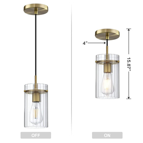 Three Pack Modern Mini Pendant Lights In Brushed Brass With Clear Stripe Glass Shade Five Point Three Inch Hanging Lights