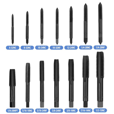 Pro Grade Fourteen Piece Thread Tap Set With Nitriding Coated HSS Taps For SAE Threads Ranging From Six To One Half Inch NC By Mesee