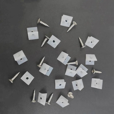 100 Piece Plastic Drawer Wedges With Screws Set For Sagging Drawer Bottom Repair and Plastic Angle Code Bracket Fasteners scattered