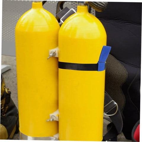 Yellow scuba tanks with Scuba Tank Holder Strap Belt For Diving Gear Neoprene Binding Band Keeps Tanks Secure And Easy To Carry During Dives Reliable Tank Ring Attachment For Stable Underwater Equipment Transport