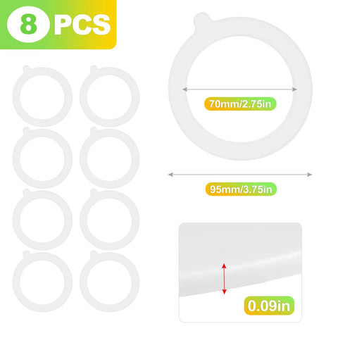 Eight Pack Silicone Canning Jar Seals With Airtight Reusable Gaskets Crafted For Standard Mouth Mason Lids in white, showcasing sizes.