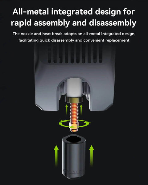 Demonstration of K2 Plus 0.4mm Quick Swap Nozzle Set assembly and disassembly, showcasing copper alloy and hardened steel construction.