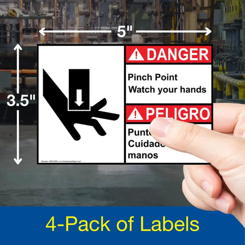 Danger Pinch Point Watch Your Hands ANSI Bilingual Safety Labels 5x3.5 Inch Vinyl Decals 4 Pack For Machinery Indoor Outdoor UV Resistant Chemical Abrasion Moisture Safe Workplace American Made