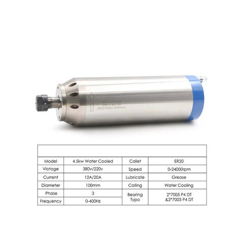 4.5KW Water Cooled ER20 Spindle Motor D100mm with 5.5KW Inverter VFD for CNC Milling Machine 380V high speed