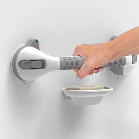 Hand holding Suction Shower Grab Bar Set With Indicators No Drill Install 17 Inch Long Bathroom Balance Support Non Slip Grip