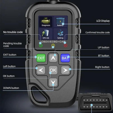 Heavy Duty OBD2 Car Code Reader To Clear Check Engine Warning Fast With Live Data Dashboards And Battery Voltage Checks For Subaru Solterra Ev showing LCD display with buttons and connections.
