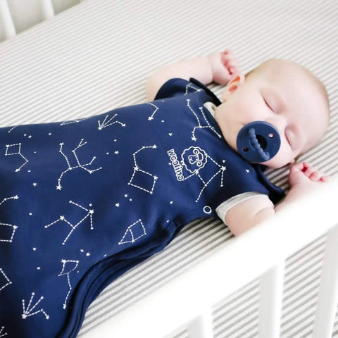 Ultimate Baby Sleep Sack For 4 Season Merino Wool Sleeping Bag With Organic Cotton Outer Temperature Regulating Blanket Adjustable Universal Size 2 To 24 Months Night Sky, featuring a baby asleep in a star-patterned sack.