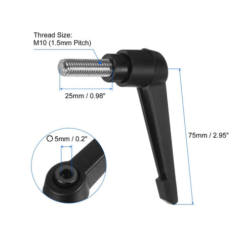 Dead Easy M10 Clamping Lever Handle Featuring Top Shelf Quick Release Lock Knobs And Sleek Black Coated Finish, dimensions shown.