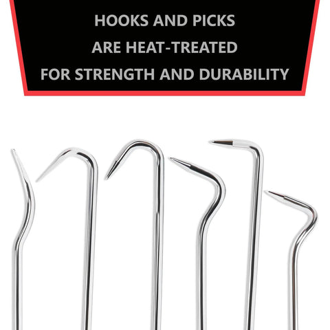 Six-piece chrome hose removal hook set for radiator hoses; includes 10-inch hooks and 8-inch removers.