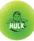 Vivid Marvel Golf Ball Gift Set Five Pack With Officially Licensed Captain America Hulk Iron Man Thor Spider Man Designs In Bold Colorful Graphics For Fans And Collectors, featuring Avengers Hulk logo on a green matte golf ball.