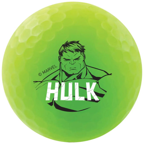 Vivid Marvel Golf Ball Gift Set Five Pack With Officially Licensed Captain America Hulk Iron Man Thor Spider Man Designs In Bold Colorful Graphics For Fans And Collectors, featuring Avengers Hulk logo on a green matte golf ball.