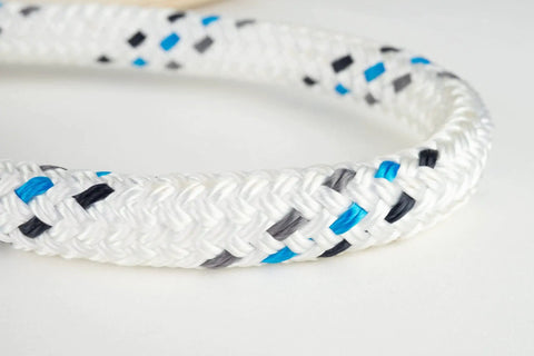 Close-up view of Workhorse 1 Inch X 300 Feet Polyester Double Braid Cable Pulling Rope With Stitched Eye Loops, showing intricate weave.