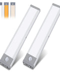 58 LED Motion Sensor Light Indoor Wireless USB Rechargeable Closet Cabinet Light for Kitchen Wardrobe Auto On Auto Off Warm Natural White 1500mAh Battery Pack Two Pack with motion sensor detail and color modes shown