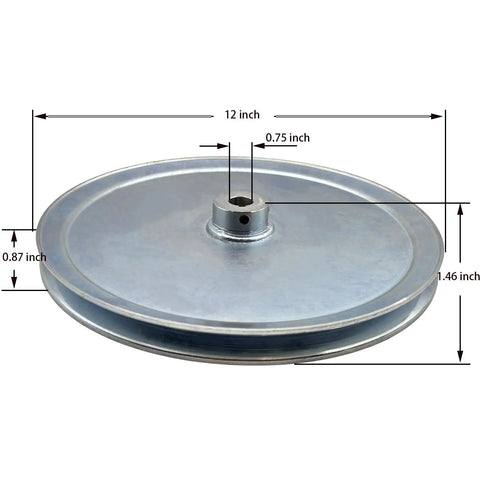 Side view of 12 Inch Single Groove V Belt Pulley For A B 5L 4L Belts 3/4 Inch Bore Carbon Steel Zinc Plated Motor Pulley