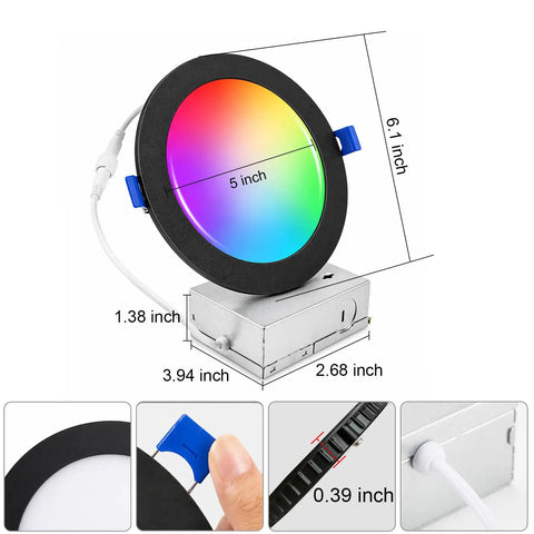 Xsky Smart Recessed Lighting 6 inch 12 Pack, Black Trim, RGBW Dimmable Downlight with colorful display and dimmer switch.