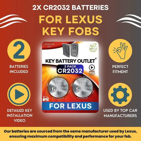 Two Pack CR2032 Key Fob Batteries For Lexus Remote Replacement Kit With OEM Quality Cells Fits RX IS NX UX ES GX RC GS LS RX350 NX300 RX450h NX200t ES350h packaging