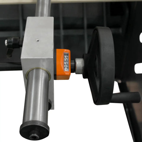 Close-up of Tough As Nails Electric Metal Shear handle, showing adjustment features and precision dial for 49 Inch cutting width.