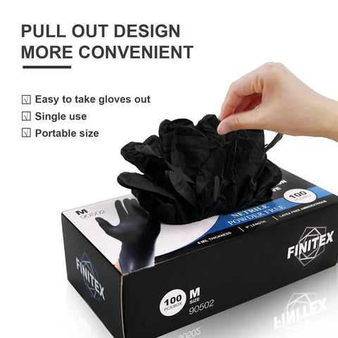 Hand pulling out Superior Black Nitrile Gloves 6.3 Mil Thick Rip Resistant Build With Sweet Snug Fit And Killer Grip Solid Choice For Nurses Mechanics Or Household Use Fast Dry Coating Makes Them Easy To Pop On from a box of one hundred medium.