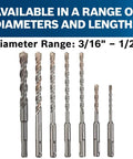 Bosch HCK001 7-piece SDS-Plus Bulldog rotary hammer bit set, front view; diameters 3/16 in to 1/2 in