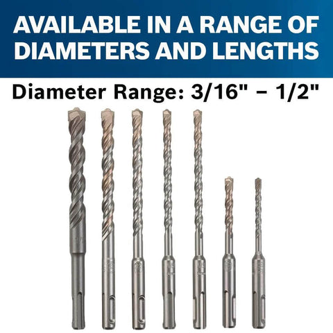 Bosch HCK001 7-piece SDS-Plus Bulldog rotary hammer bit set, front view; diameters 3/16 in to 1/2 in