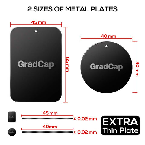 Universal Magnetic Phone Mount Metal Plates Kit 4 Pack showing rectangle and round discs with measurements