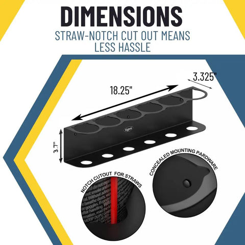 Heavy Duty Wall Mount Holder Rack for Six Aerosol Spray Paint Cans featuring straw notch and dimensions with hardware included
