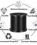 Heavy Duty 200Ft Black Vinyl Coated Wire Rope 3/16 Inch Thick Aircraft Cable on spool highlighting durability and resistance features.