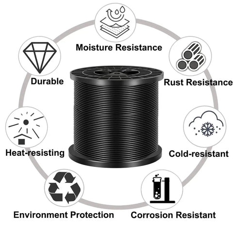 Heavy Duty 200Ft Black Vinyl Coated Wire Rope 3/16 Inch Thick Aircraft Cable on spool highlighting durability and resistance features.