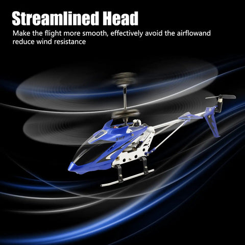 S107 S107G Phantom 3.5 Channel Mini RC Helicopter With Gyro Blue, streamlined head, spinning blades, dark background, front view