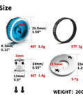 TT02 Belt Drive RC Car Transmission Gear System with 40T and 16T aluminum pulleys and metal spur gear size details