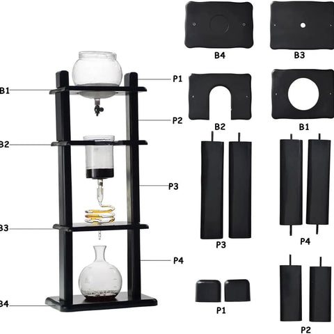 Chill Out Daily With This Sleek Cold Brew Drip Tower Ice Coffee Maker parts layout with borosilicate glass and black wooden frame.