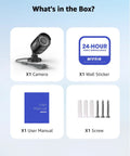 Contents of the box showing camera, wall sticker, user manual, screws for 1080p Security Camera 4-In-1 Wired Bullet Add-On For Outdoor Surveillance AHD TVI CVI CVBS Compatible Crisp Night Vision Up To 100 Feet Black Cam DVR Ready Power Adapter Not Included