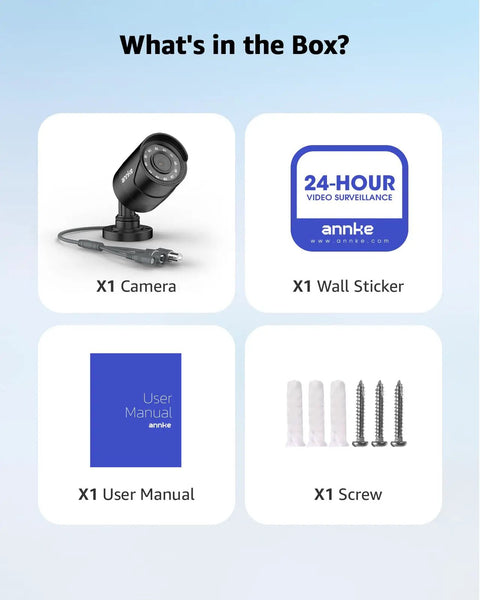 Contents of the box showing camera, wall sticker, user manual, screws for 1080p Security Camera 4-In-1 Wired Bullet Add-On For Outdoor Surveillance AHD TVI CVI CVBS Compatible Crisp Night Vision Up To 100 Feet Black Cam DVR Ready Power Adapter Not Included