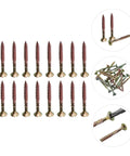 100 Pcs T25 Plum Wood Screws set displayed in multiple angles showcasing self-tapping feature for woodworking.