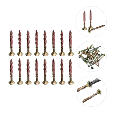 100 Pcs T25 Plum Wood Screws set displayed in multiple angles showcasing self-tapping feature for woodworking.
