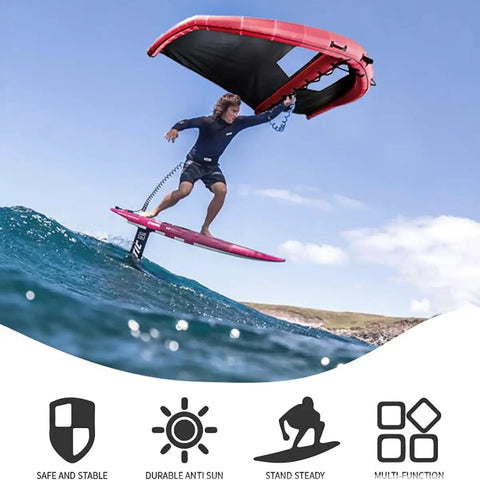 Inflatable Wing Surf Kite For Wind Foiling And Kitesurfing, 5 Square Meters, in action on water with rider, polyester build.