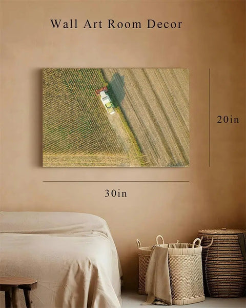 Aerial View Harvest Scene Canvas Wall Art 20x30 Inches Farm Machinery Maize Harvester Decor with fade resistant inks.