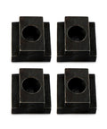 Pro Grade T Slot Nuts With Classic Black Oxide Finish Half Inch Thirteen Thread Fits Five Eighths Inch Table Slots Case Hardened 1018 Steel Four Pack laid flat showing four solid fasteners.