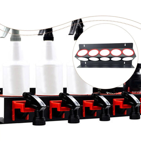 Heavy Duty Iron Wall Mount Spray Bottle Rack For Garage And Shed Storage Holds All Your Bottles Rock Solid And Totally Clutter Free For That Top Shelf Shop Vibe, showcasing bottles securely mounted.
